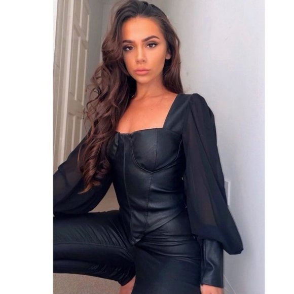 Black Vegan Leather Faux Leather Long Sleeve Bustier Top Blouse - Picture 7 of 10
